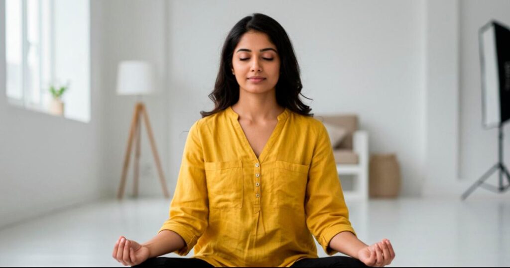 A calm young woman with closed eyes practicing meditation in a bright, minimalist room. She is sitting cross-legged on the floor, wearing a yellow top, focusing on her breath and inner peace.