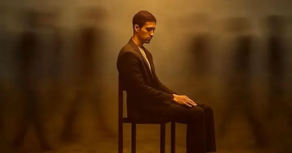 Man sitting alone on a chair with blurred crowd moving around him.